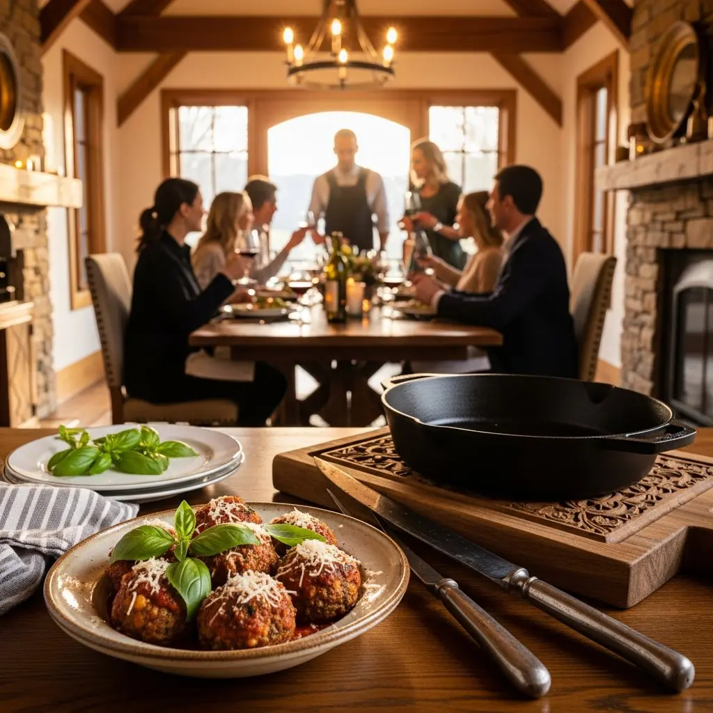 A gorgeous single-view lifestyle photo of freshly prepared Muenster-Baked Eggplant Meatballs.