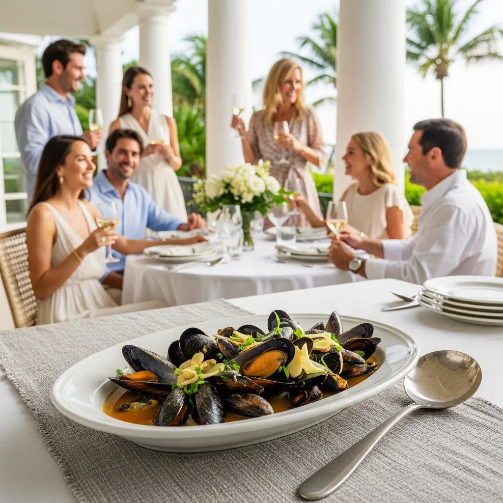 A gorgeous single-view lifestyle photo of freshly prepared Mussels in Ginger-Garlic Broth.