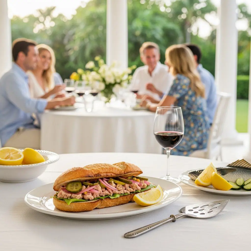 A gorgeous single-view lifestyle photo of freshly prepared “My Way” Tuna Melt with Pickled Vegetables.