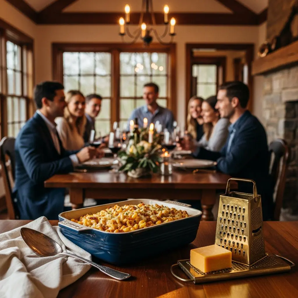 A gorgeous single-view lifestyle photo of freshly prepared “My Way” Ultimate Mac and Cheese.