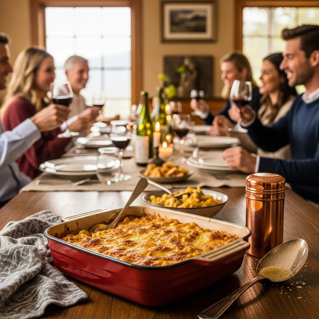 A gorgeous single-view lifestyle photo of freshly prepared Mac and Cheese Northern Italian Style.