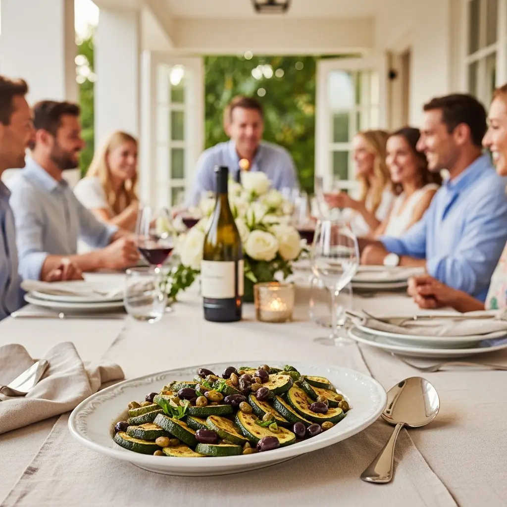A gorgeous single-view lifestyle photo of freshly prepared Olive & Caper Roasted Zucchini.
