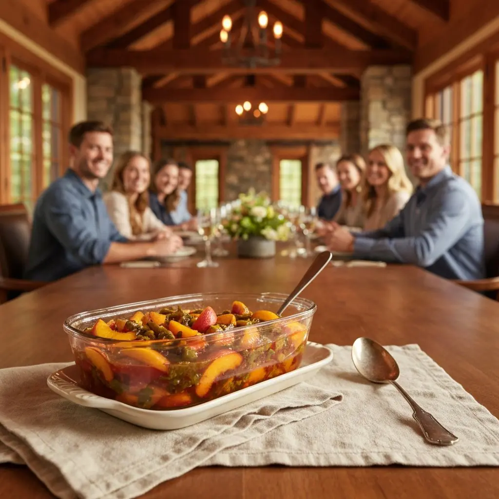 A gorgeous single-view lifestyle photo of freshly prepared Peach and Poblano Pepper Chutney.