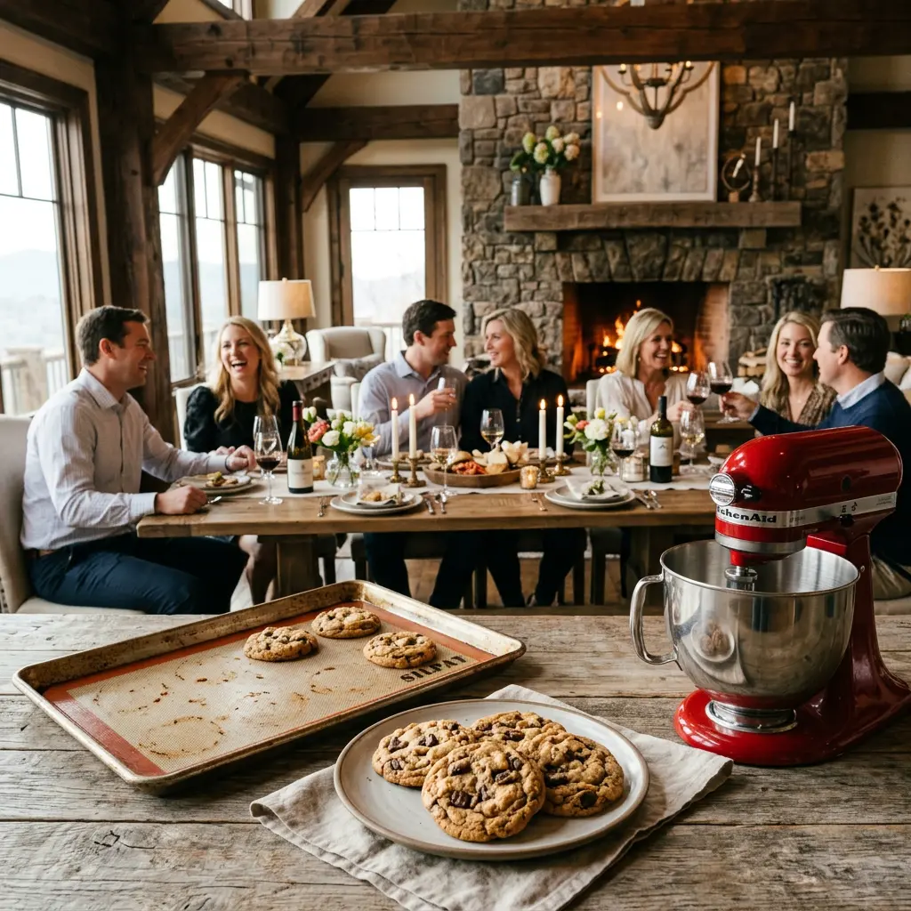 A heavy metal baking sheet lined with a Silpat mat holding warm cookies, a silver pastry spatula, and a wire cooling rack in sharp focus, with an elegant softly lit evening dining room gathering of four Caucasian couples blurred in the background