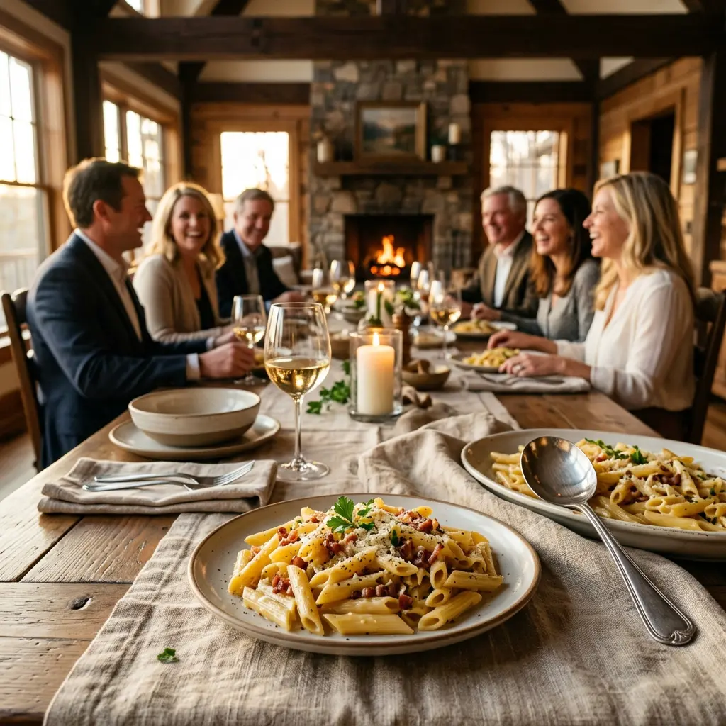 A heavy stainless steel skillet and microplane grater in sharp focus in the foreground, with an elegant dining room gathering blurred in the background