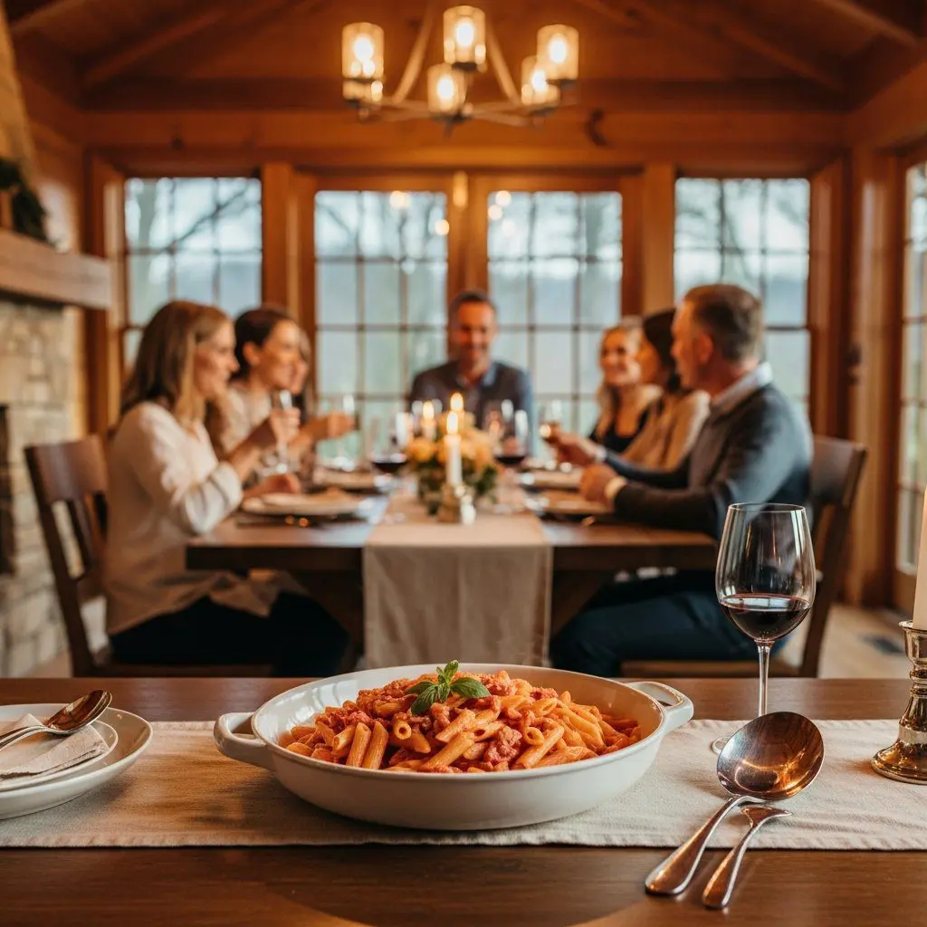 A gorgeous single-view lifestyle photo of freshly prepared Penne Pasta in Pink Sauce.