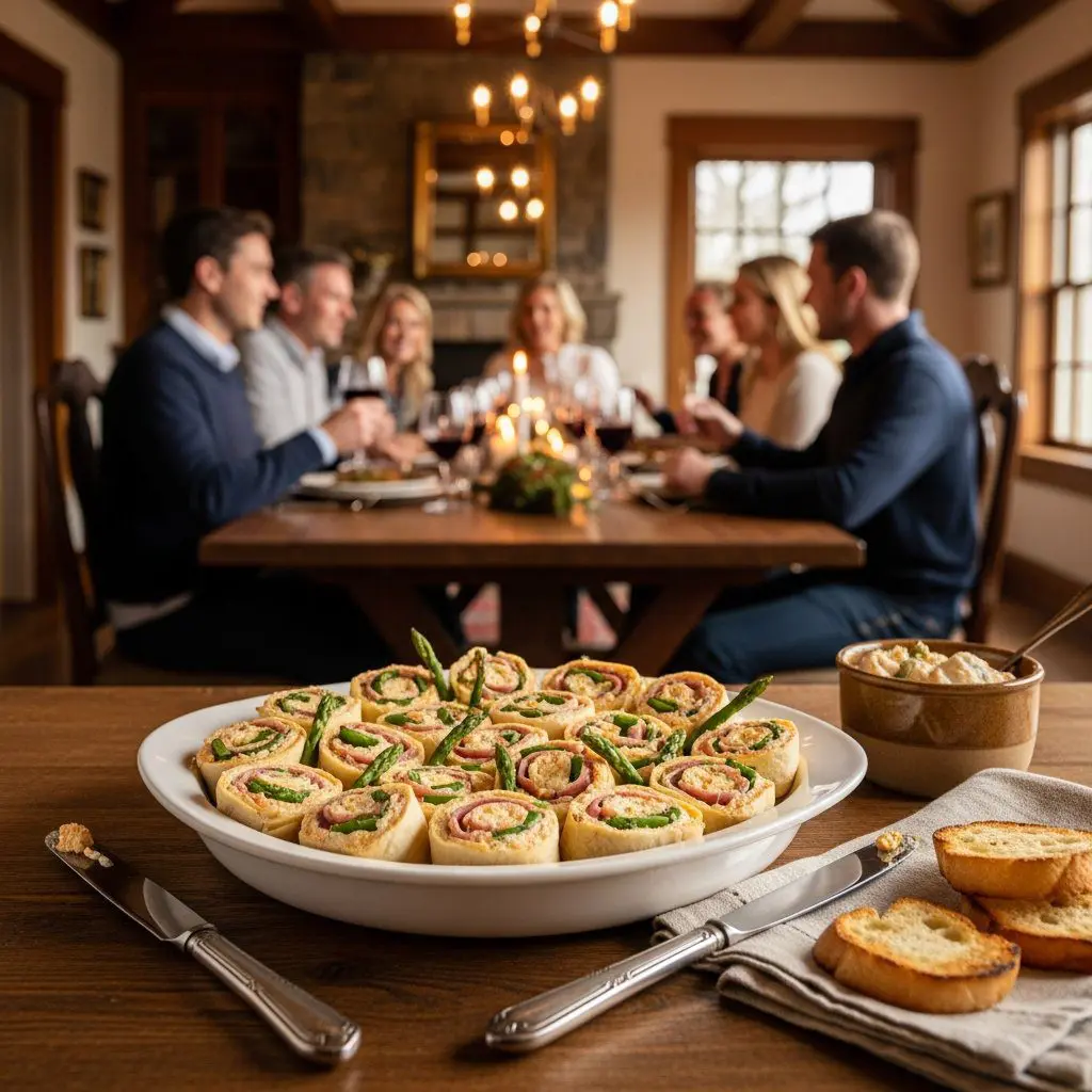 A gorgeous single-view lifestyle photo of freshly prepared Pimento Cheese Pin Wheels with Turkey, Ham, and Asparagus Spears.