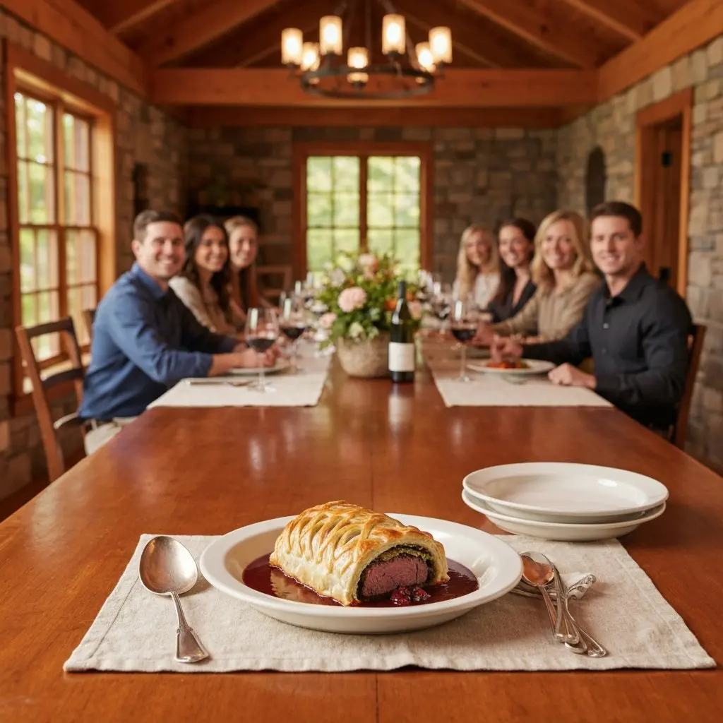 A gorgeous single-view lifestyle photo of freshly prepared Puff-Pastry Beef Wellington with Red Wine Demi-Glace.