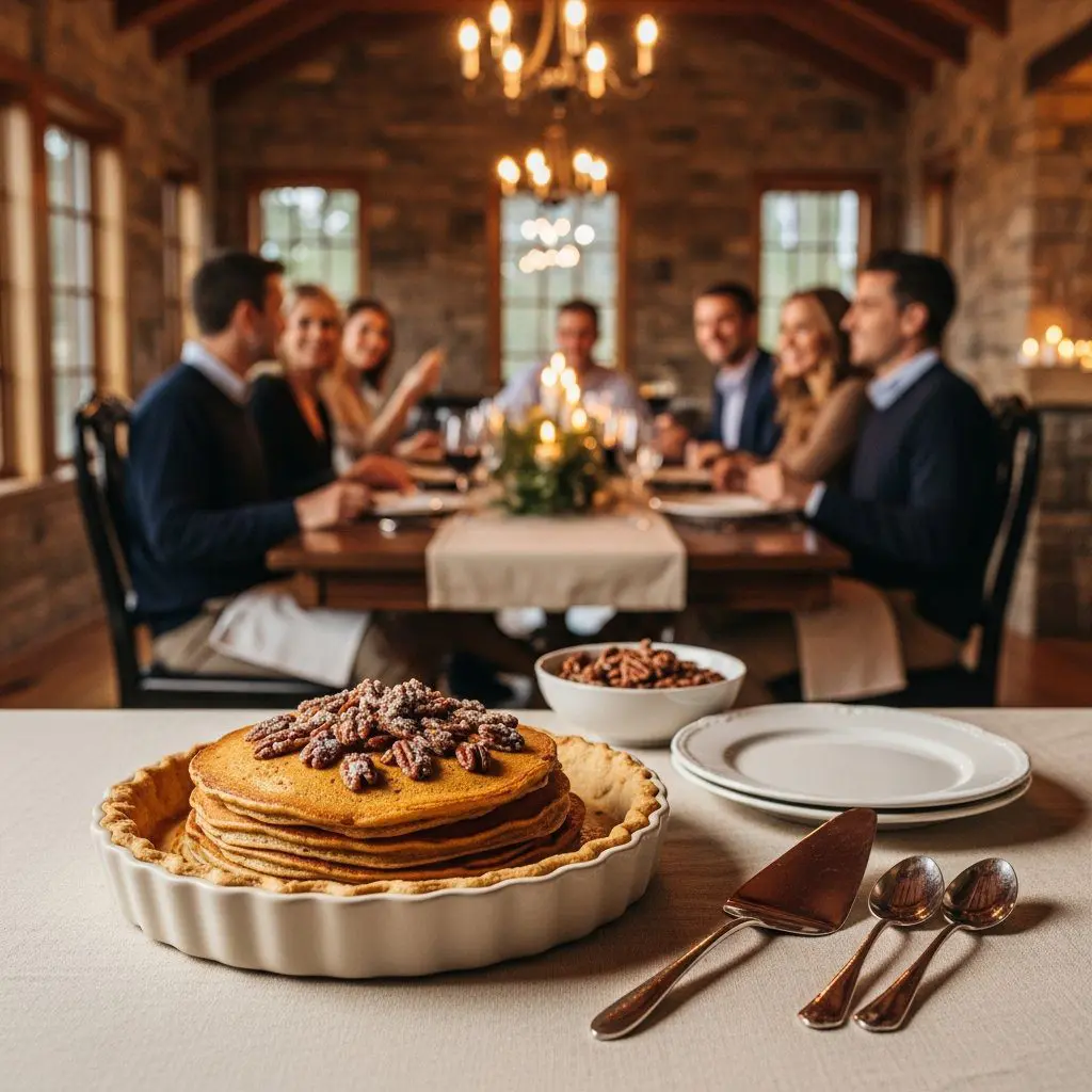 A gorgeous single-view lifestyle photo of freshly prepared Pumpkin Pie Pancakes with Sugared Pecans.
