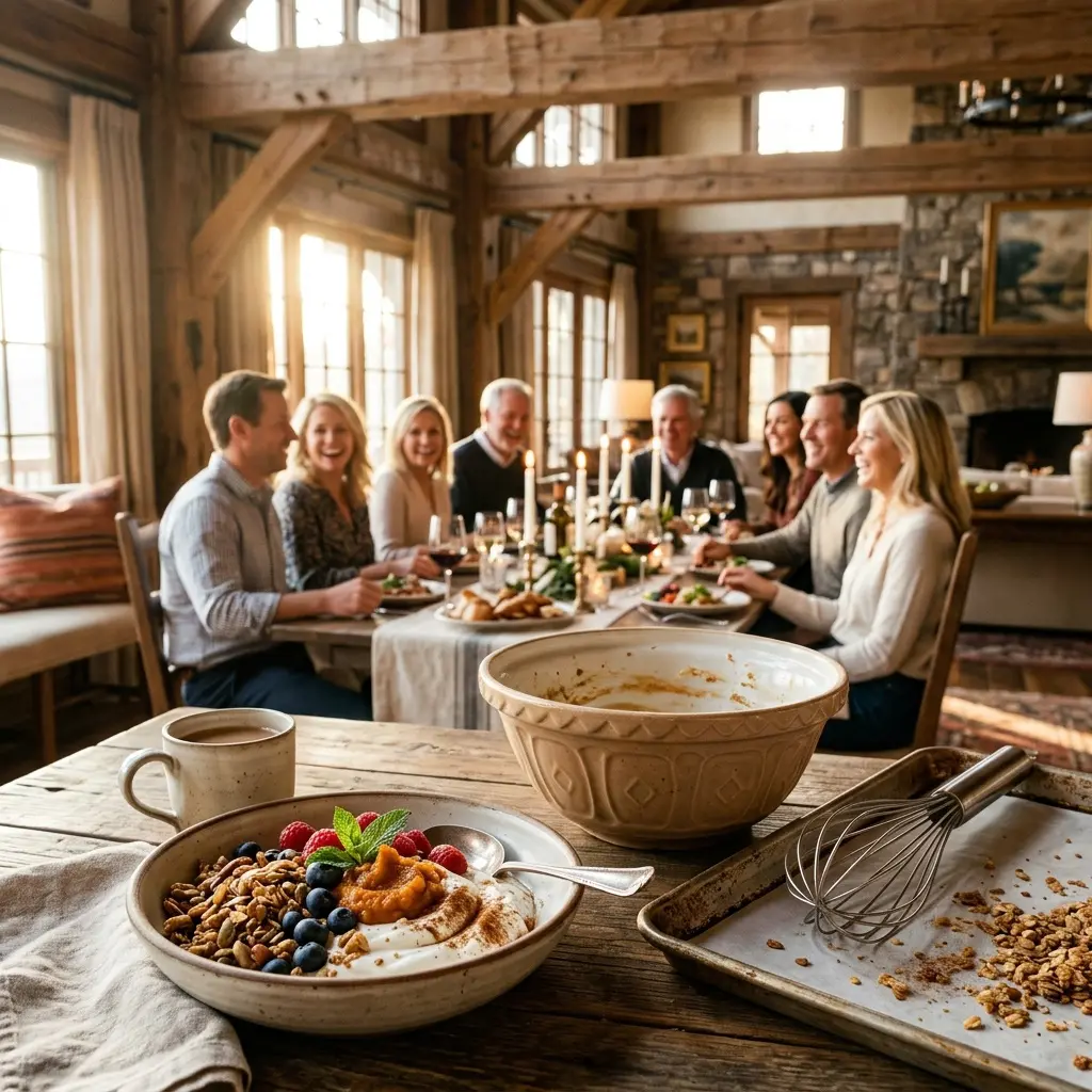 A heavy ceramic mixing bowl holding yogurt, a professional stainless steel whisk, and a small copper saucepan in sharp focus in the foreground, with an elegant morning dining room gathering blurred in the background