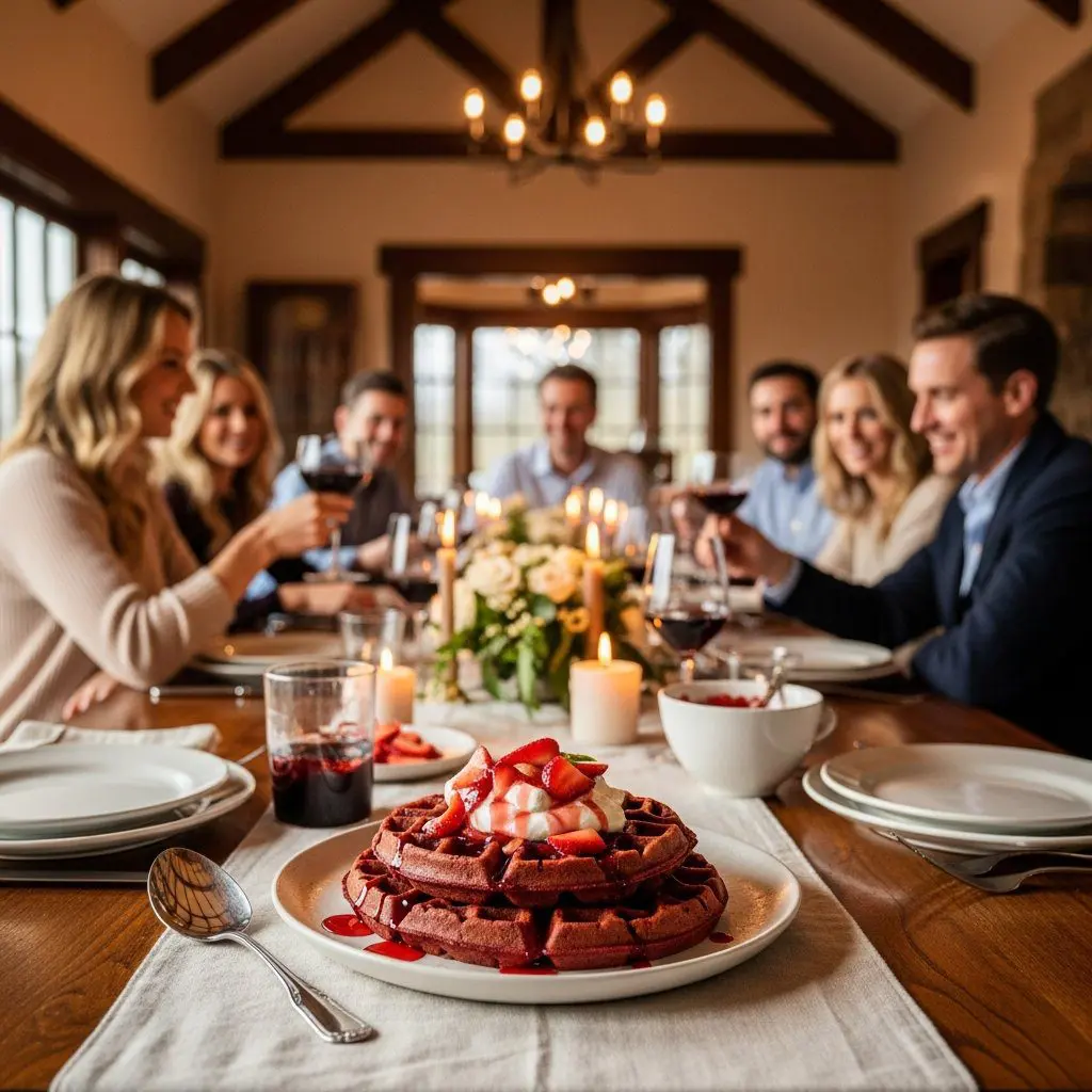 A gorgeous single-view lifestyle photo of freshly prepared Red Velvet Waffles with Strawberry Syrup and Mascarpone Cream.