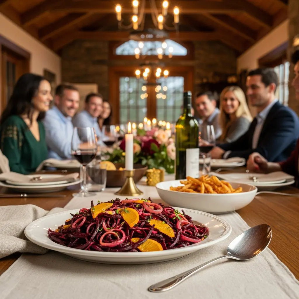 A gorgeous single-view lifestyle photo of freshly prepared Roasted Beet Noodles with Red Onion and Orange-Maple Glaze.