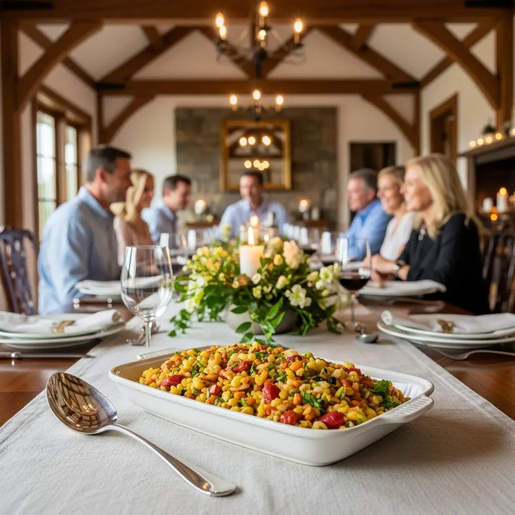 A gorgeous single-view lifestyle photo of freshly prepared Saucy Southern Succotash.