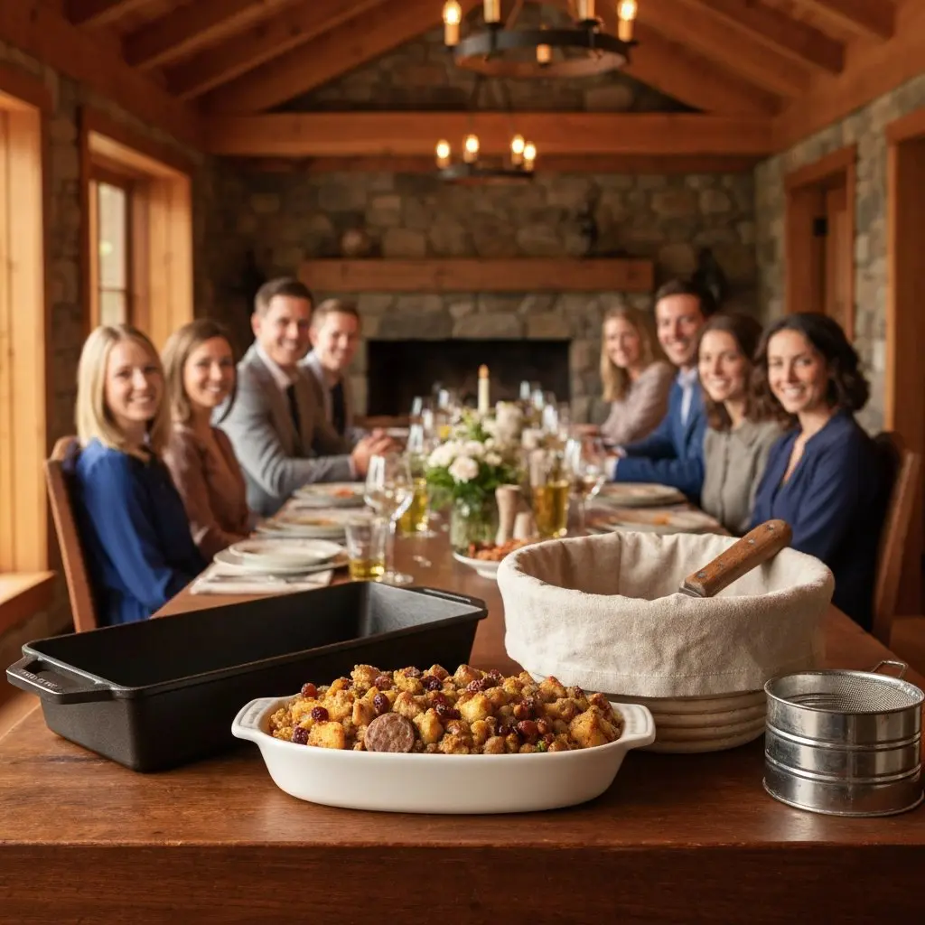 A gorgeous single-view lifestyle photo of freshly prepared Sausage & Raisin Cornbread Stuffing.