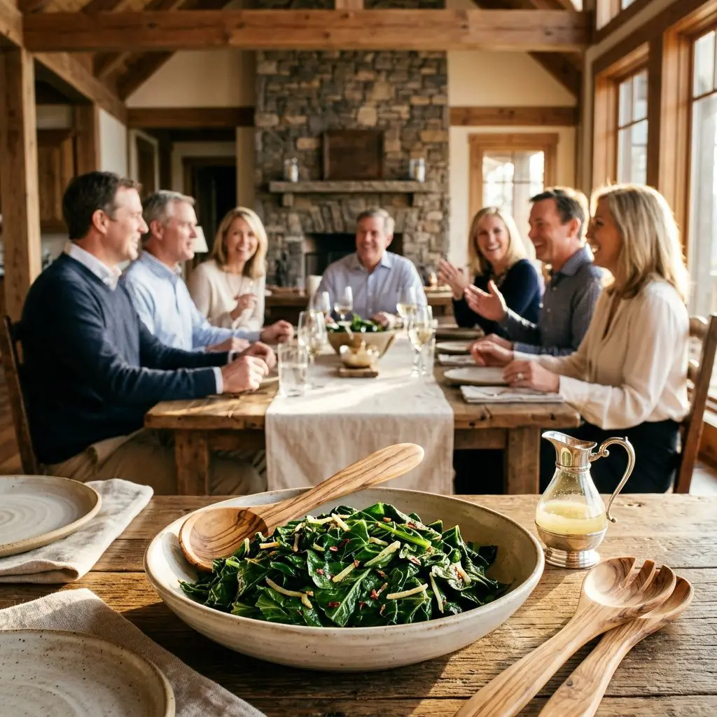 A gorgeous single-view lifestyle photo of freshly prepared Sautéed Collard Greens with Fresh Ginger.