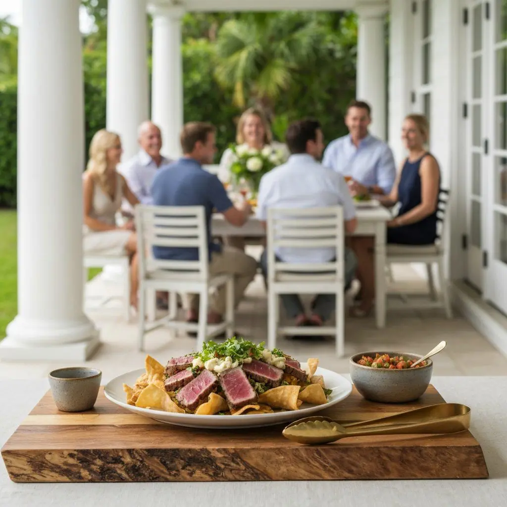 A gorgeous single-view lifestyle photo of freshly prepared Seared Tuna Nachos with Roasted Garlic Cream.