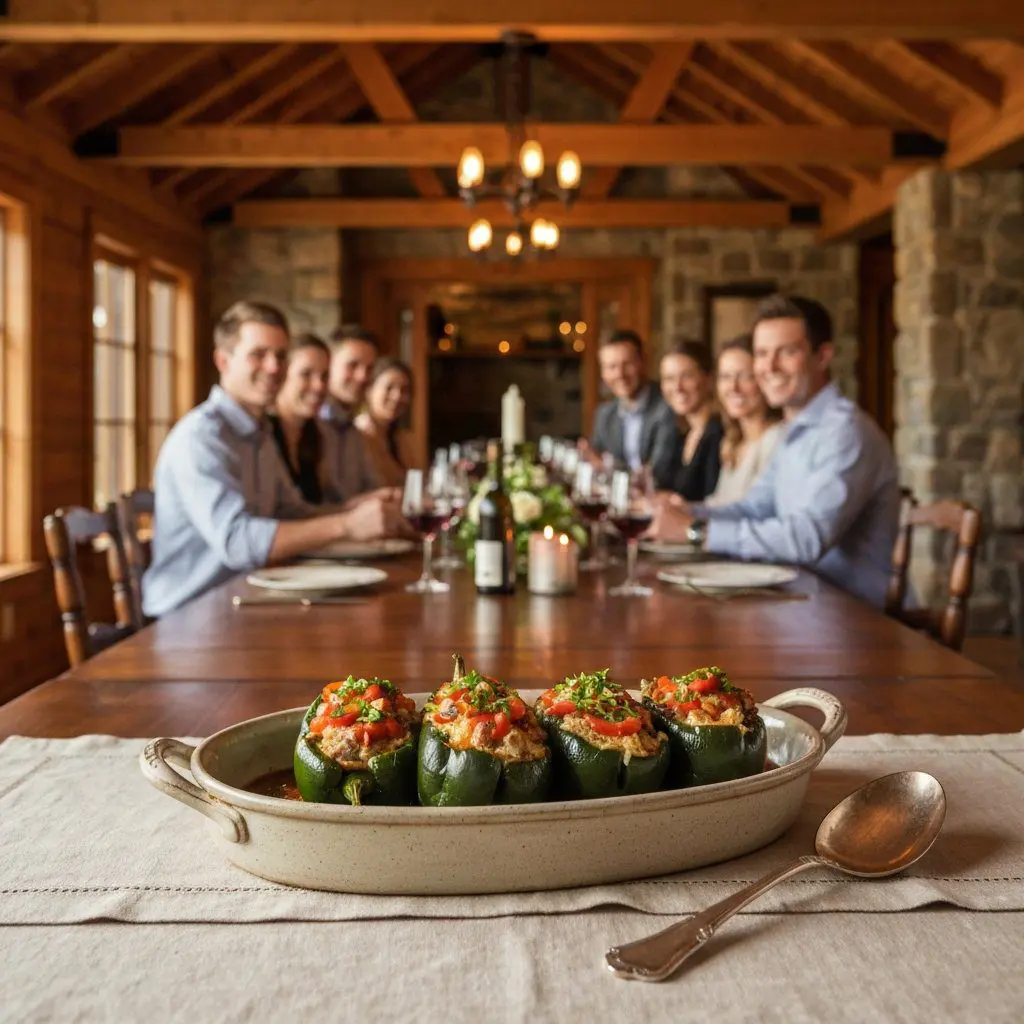 A gorgeous single-view lifestyle photo of freshly prepared Short Rib Stuffed Poblano Peppers.