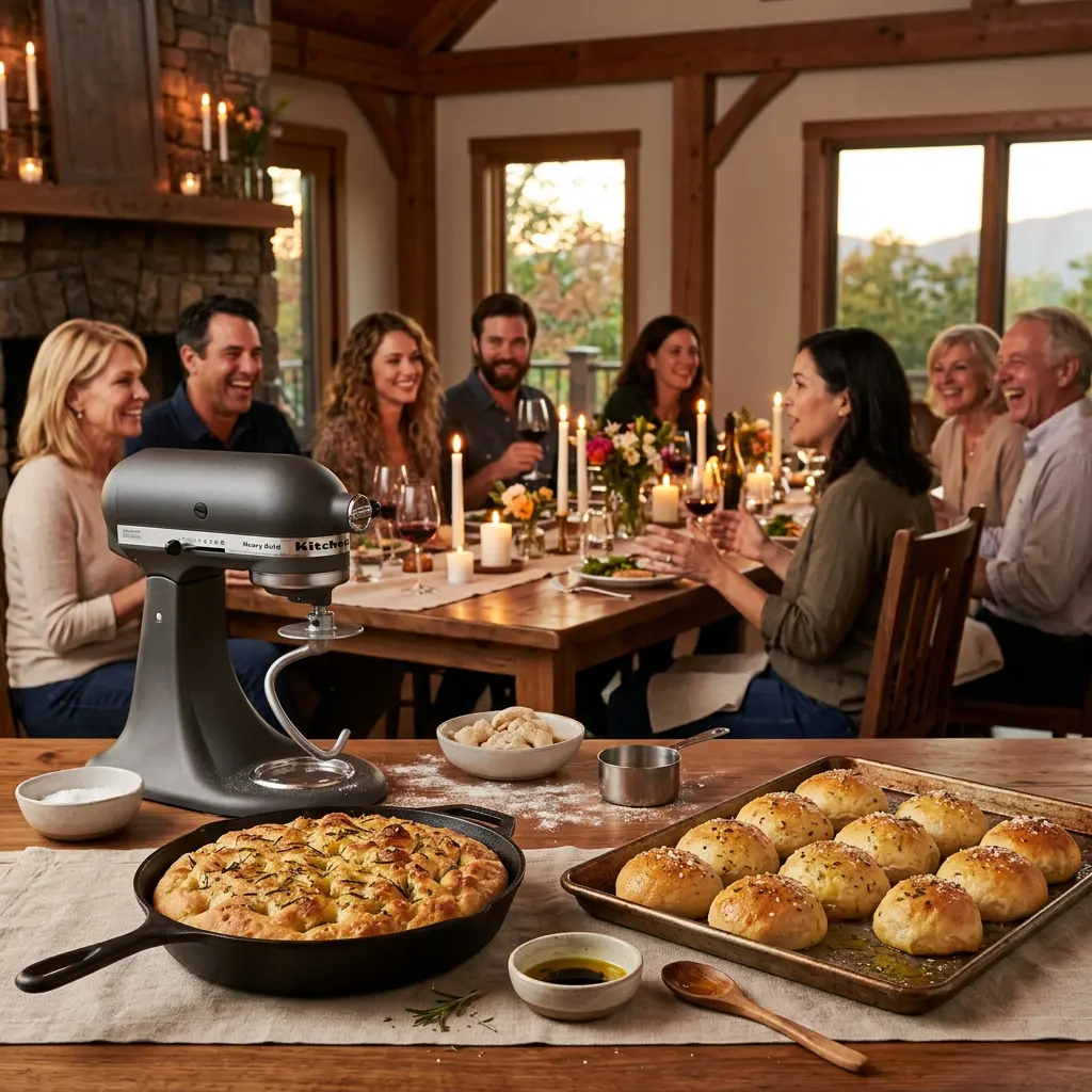 A heavy cast-iron skillet holding the baked focaccia, a professional serrated bread knife, and a small crystal dish of olive oil in sharp focus, with an elegant softly lit evening dining room gathering blurred in the background