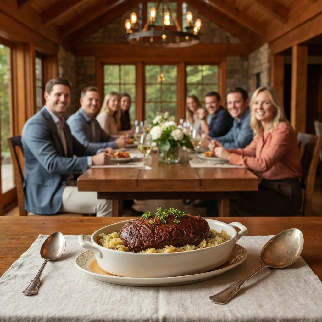 A gorgeous single-view lifestyle photo of freshly prepared Slow-Cooked Beer-Braised Corned Beef and Cabbage.