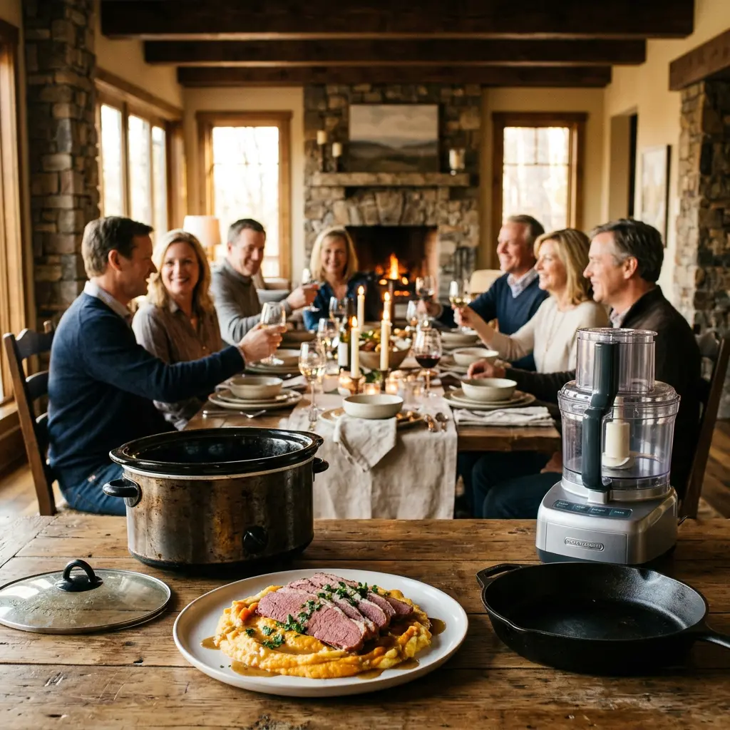A heavy wooden carving board, carving knife, and a food processor bowl in sharp focus in the foreground, with an elegant softly lit dining room gathering of four Caucasian couples blurred in the background