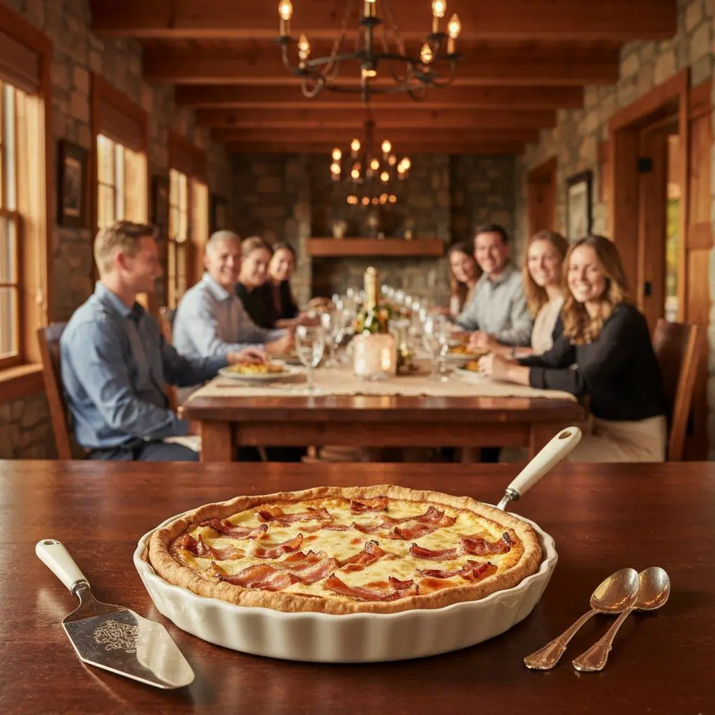 A gorgeous single-view lifestyle photo of freshly prepared Smoked Fontina & Bacon Tart.