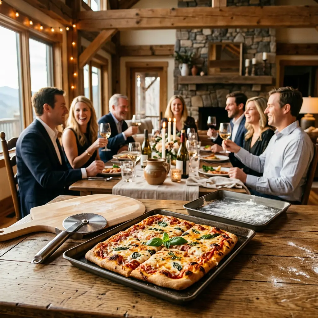Friday night estate gathering for eight featuring abundant platters of square-cut pizza and red wine