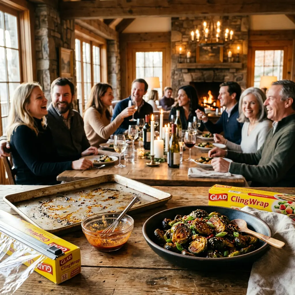 A heavy metal baking sheet covered with deeply charred Brussels sprouts and a plastic squeeze bottle of aioli in sharp focus in the foreground, with an elegant softly lit evening gathering blurred in the background