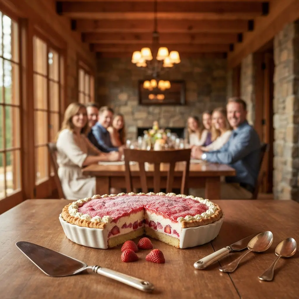A gorgeous single-view lifestyle photo of freshly prepared Strawberry Fields Layer Cake & Ice Cream.