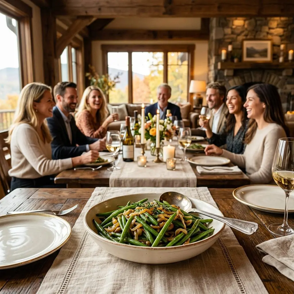 A gorgeous single-view lifestyle photo of freshly prepared Super Soft Green Beans with Caramelized Onions.