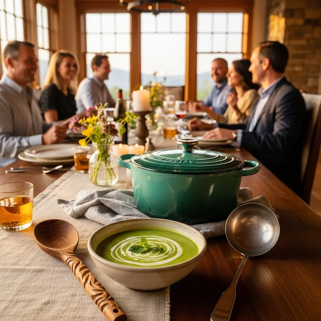 A gorgeous single-view lifestyle photo of freshly prepared Sweet Pea & Spinach Soup.