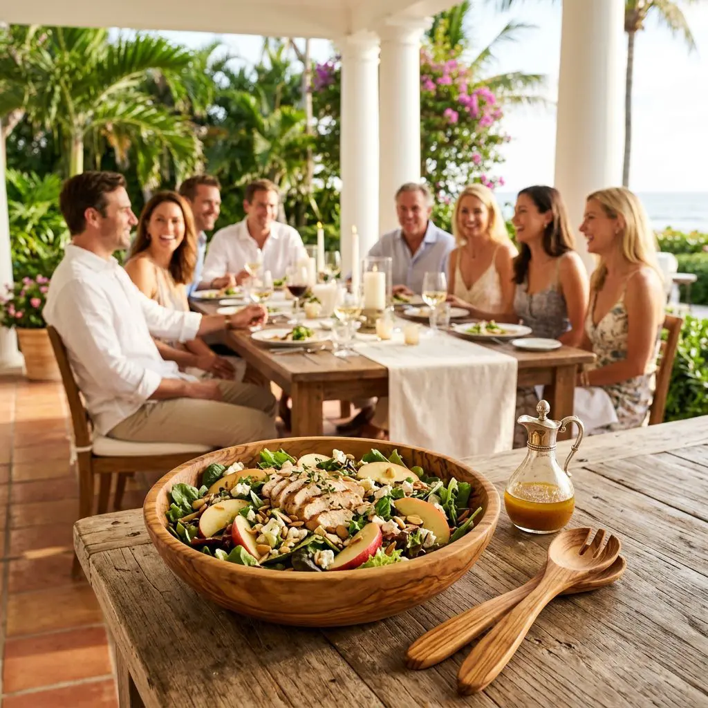 A gorgeous single-view lifestyle photo of freshly prepared Thyme-Roasted Chicken Salad with Apples and Almonds.