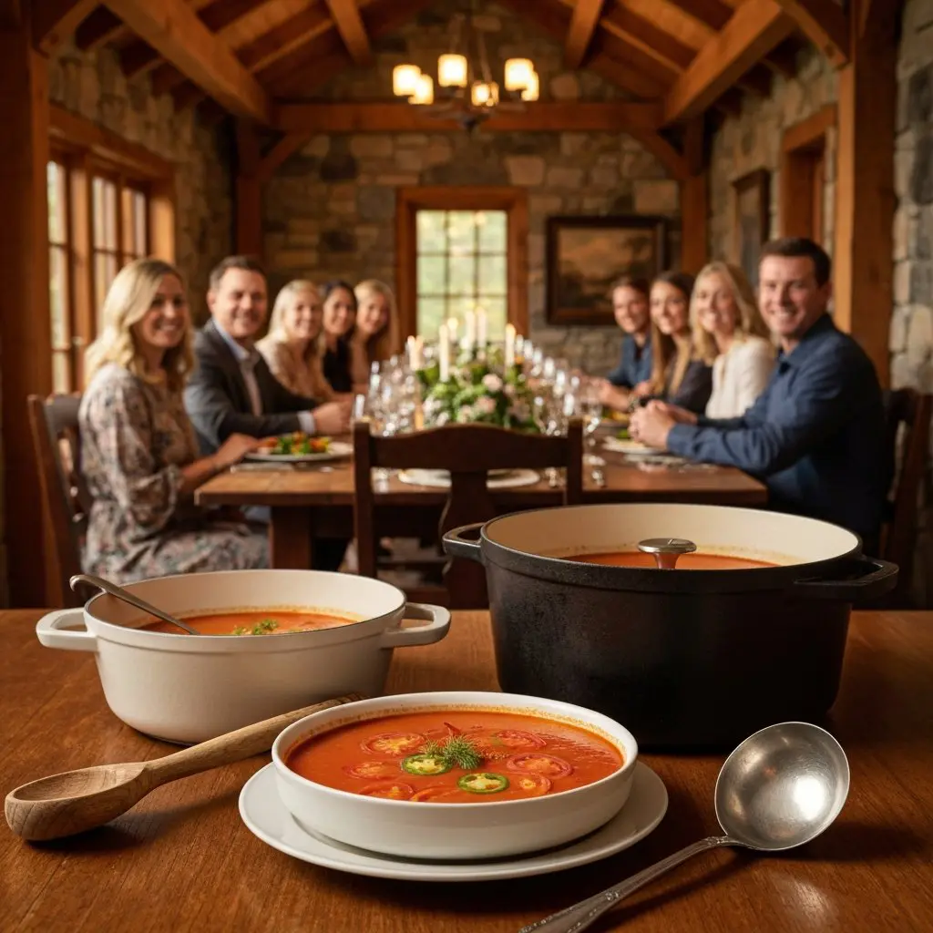A gorgeous single-view lifestyle photo of freshly prepared Tomato Soup with Jalapeño and a Hint of Fennel.