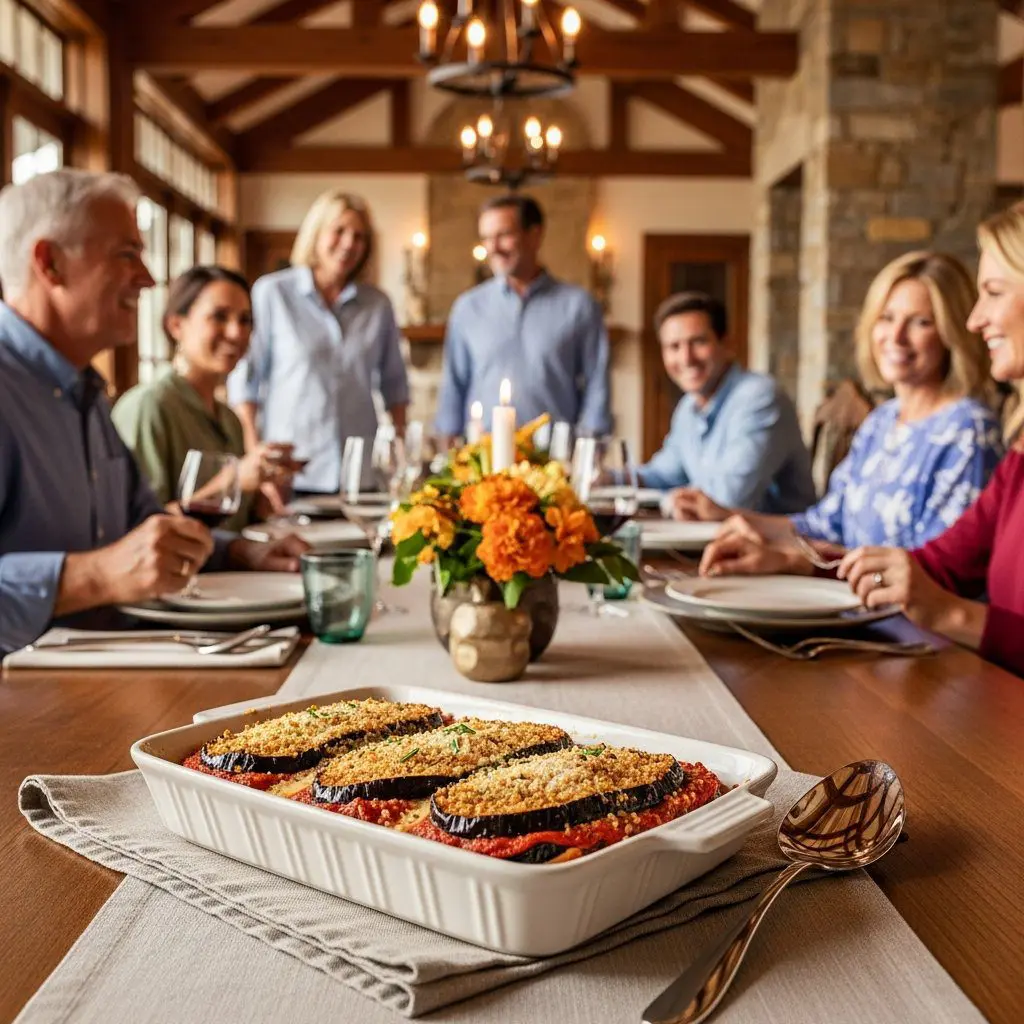 A gorgeous single-view lifestyle photo of freshly prepared Eggplant Parmesan.