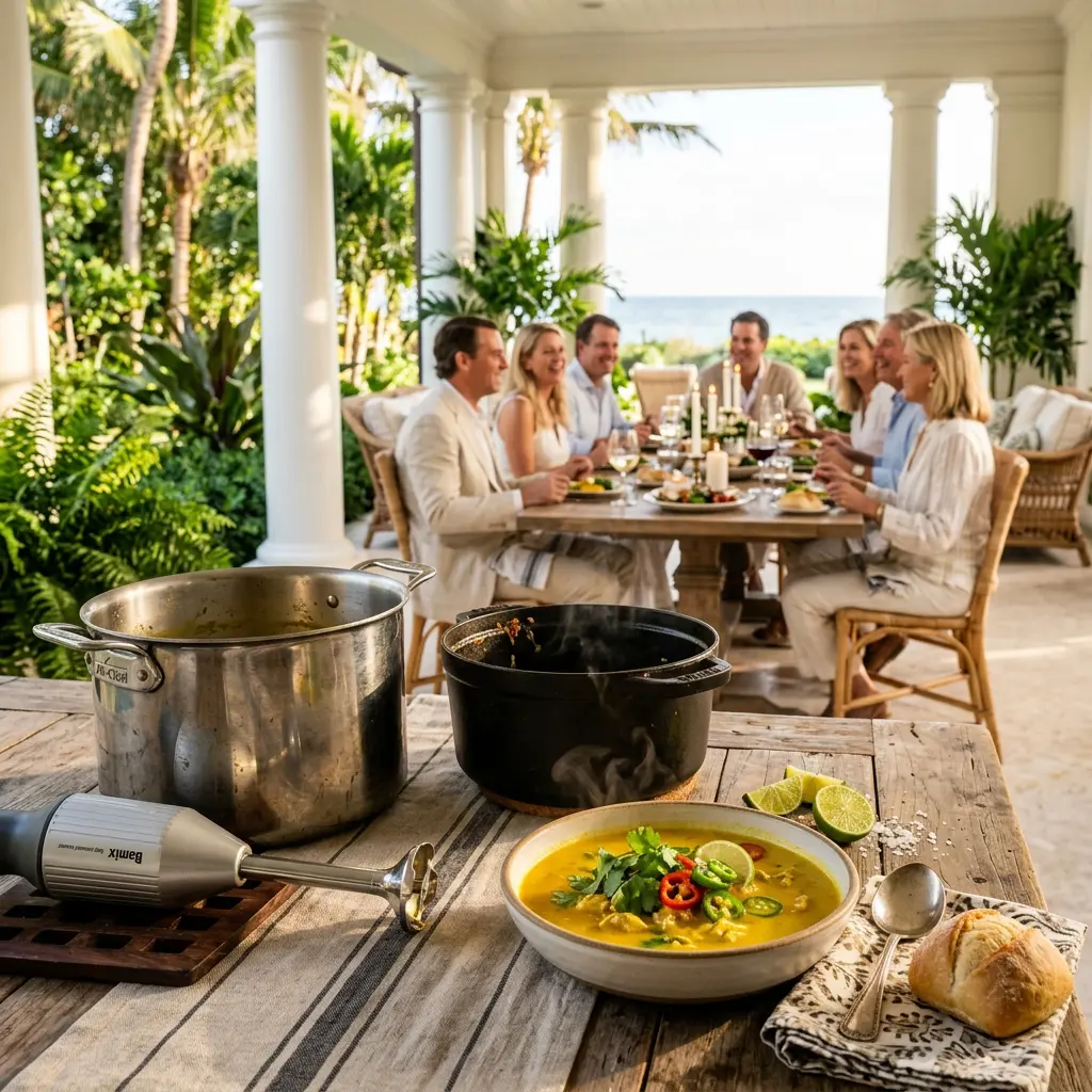 A heavy stainless steel soup pot, an immersion blender, and a silver soup ladle in sharp focus in the foreground, with a blurred background showing a cozy dining nook gathering