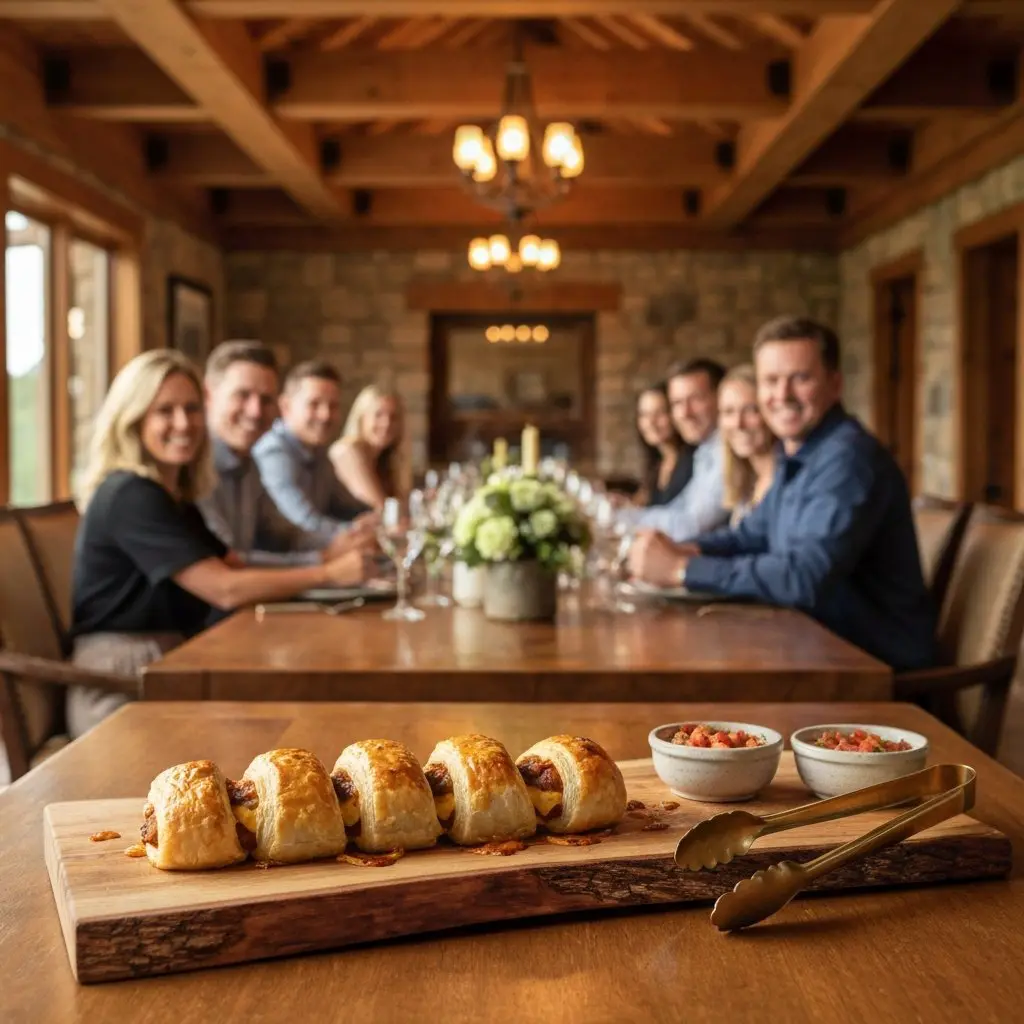 A gorgeous single-view lifestyle photo of freshly prepared Upscale Puff Pastry Franks.