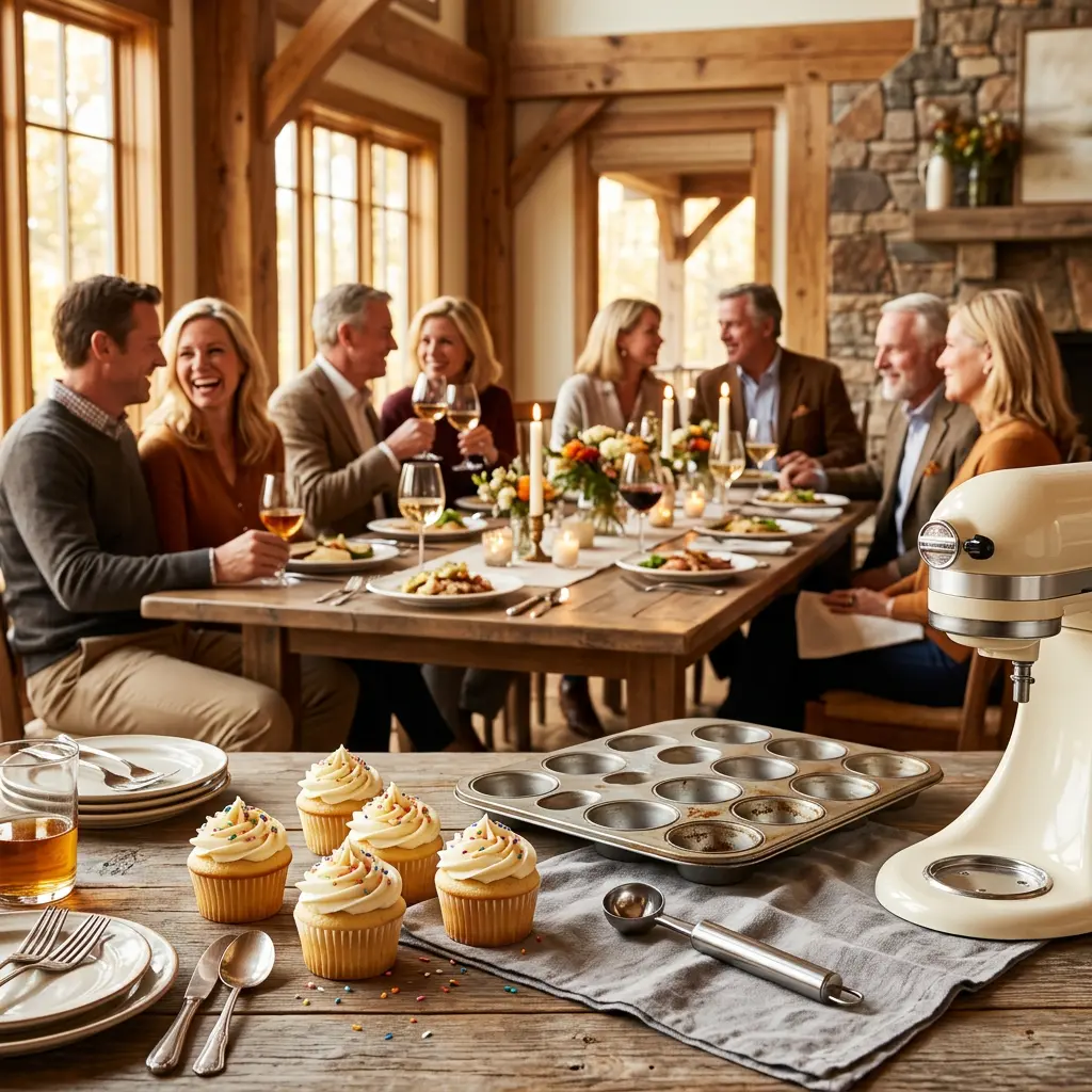 A stainless steel melon baller, piping bag, and a metal muffin tin in sharp focus in the foreground, with an elegant afternoon gathering of women blurred in the background