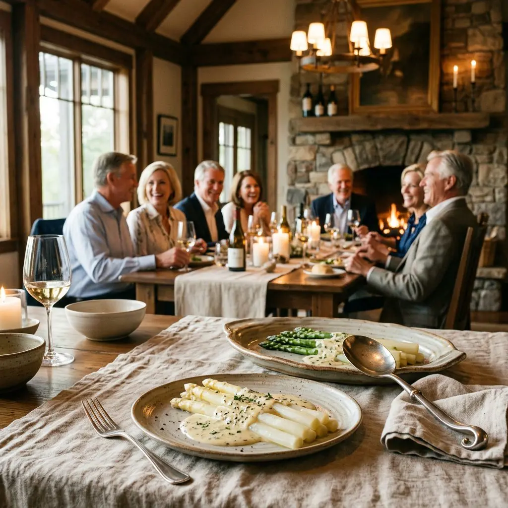 A gorgeous single-view lifestyle photo of freshly prepared White Asparagus in Cream.
