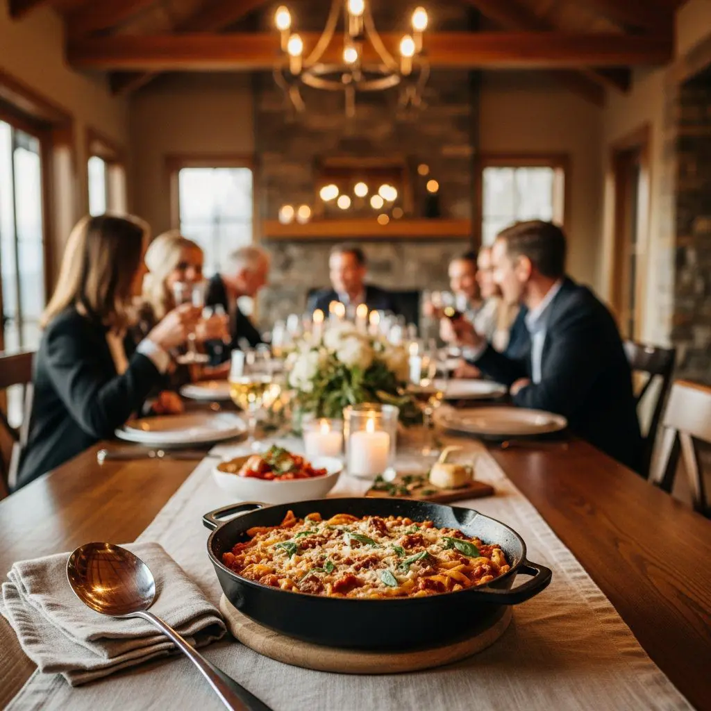 A gorgeous single-view lifestyle photo of freshly prepared Ziti Skillet.