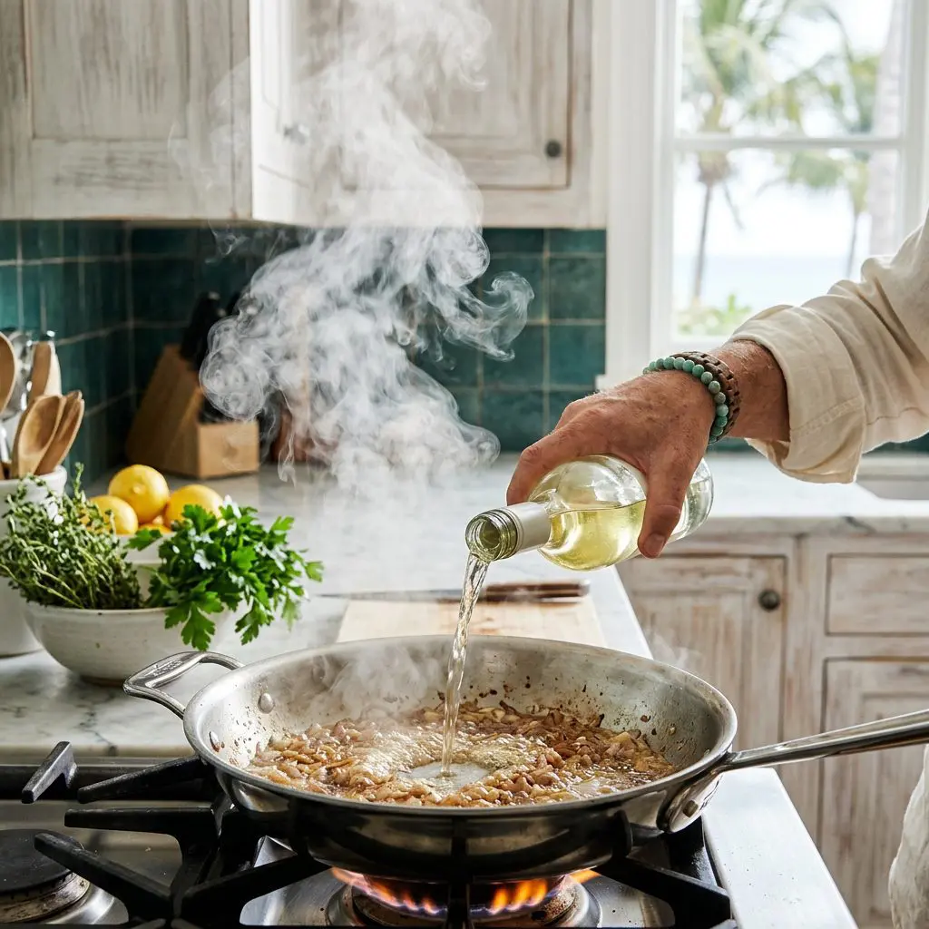 Close-up action shot of a cook's hand pouring a splash of crisp white wine into a hot skillet to deglaze minced shallots, with steam rising up beautifully.