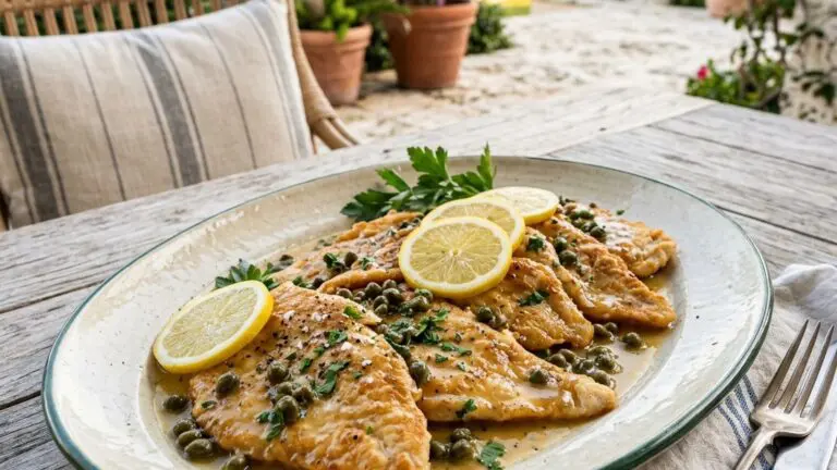 Stunning plated serving of Lemon Caper Chicken in Buttery Sauce, a chef-tested recipe by Chef Jorj Morgan.