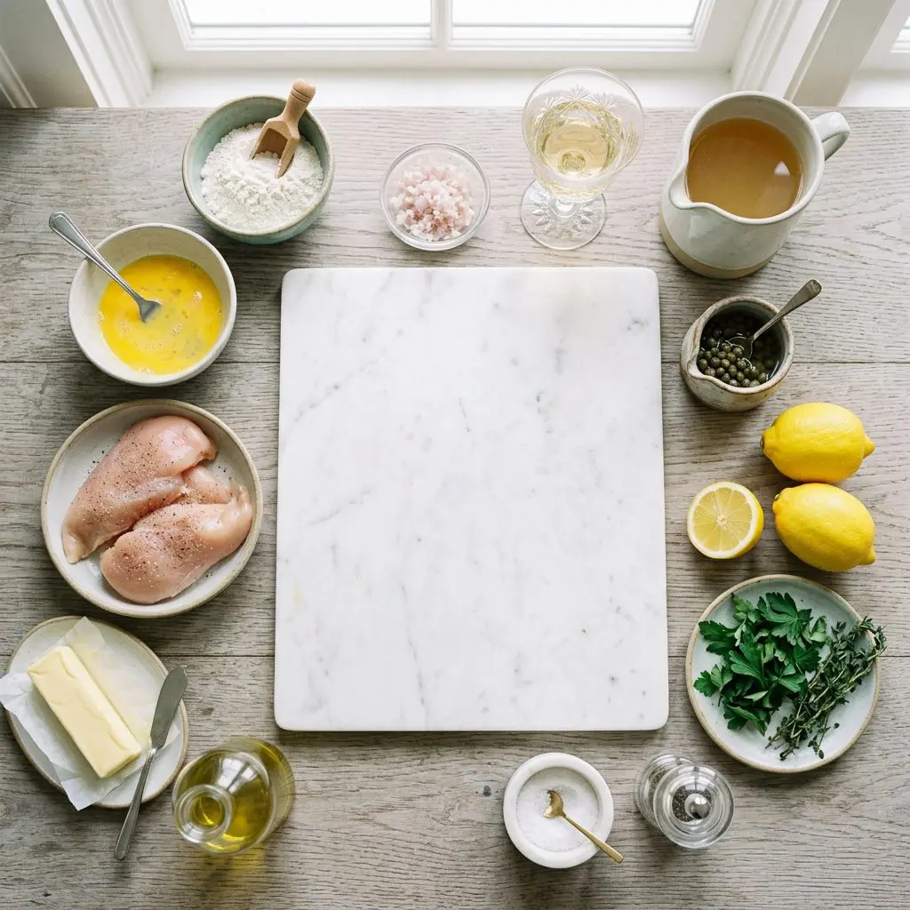 Ingredients arranged: raw chicken breasts, a mound of flour, beaten eggs in a bowl, a stick of butter, olive oil, a minced shallot, white wine, chicken stock, fresh lemons, a jar of capers, parsley, salt, and pepper around a marble prep board.