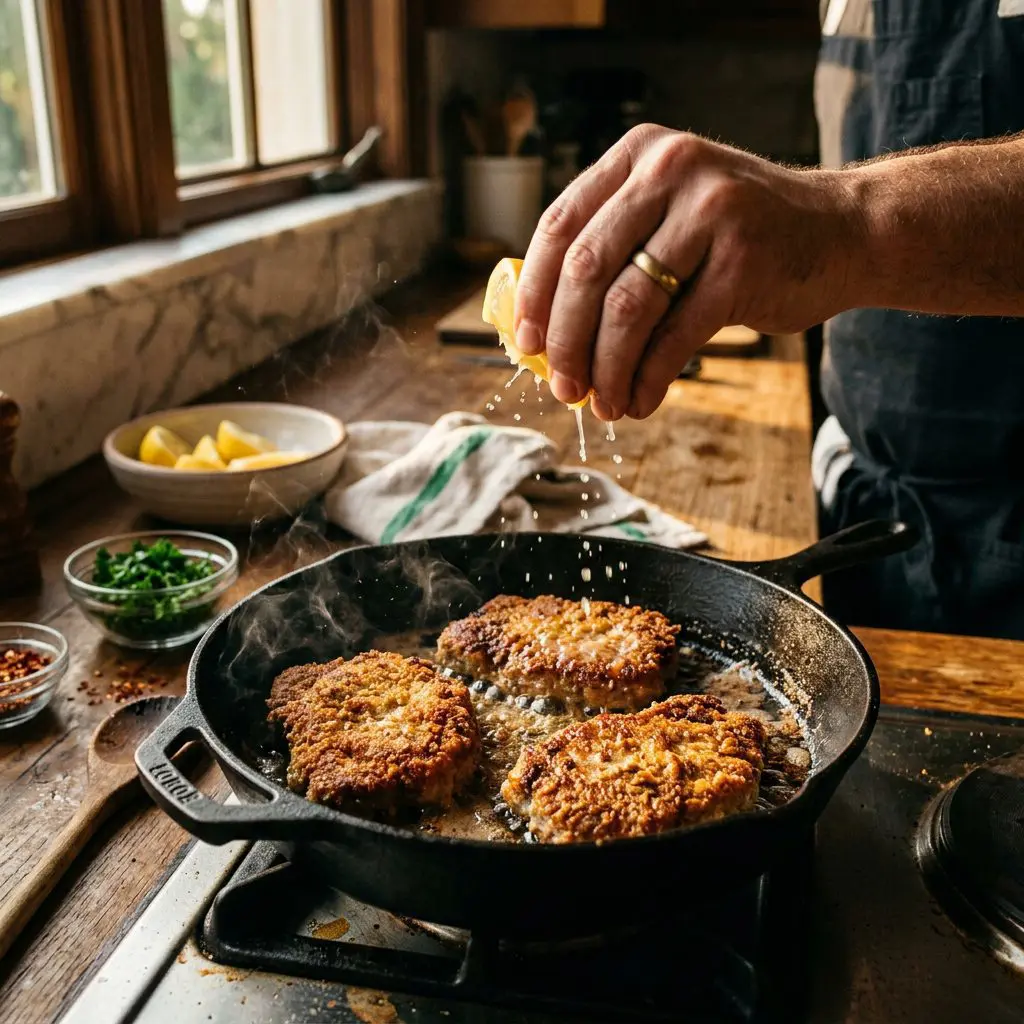 Close-up action shot of a cook's hand squeezing fresh lemon juice over thick, golden-brown breaded pork chops sizzling in a hot cast-iron skillet.