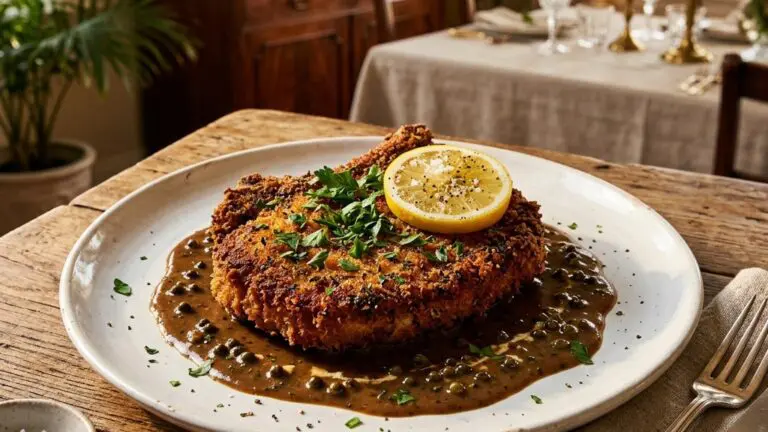 Stunning plated serving of Lemon-Baked Pork Chops with Green Peppercorn Sauce, a chef-tested recipe by Chef Jorj Morgan.