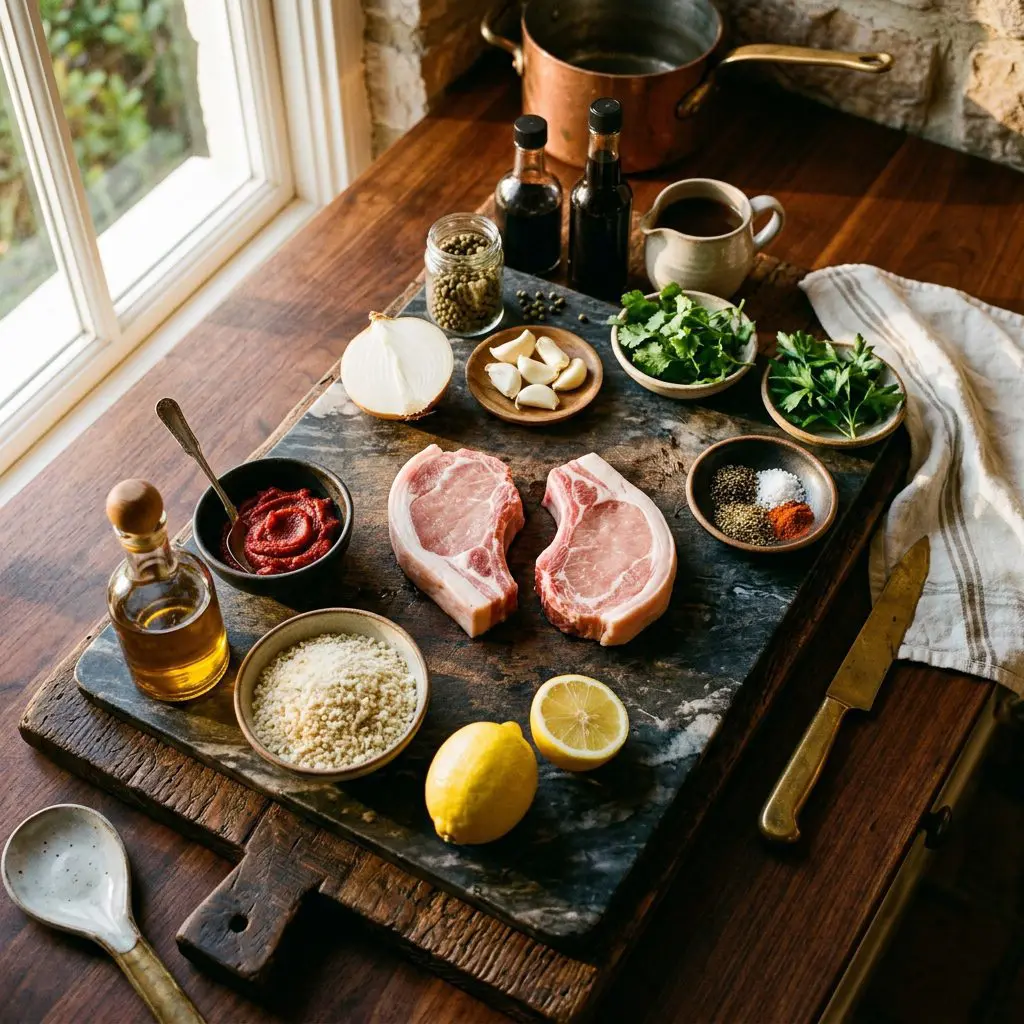 Ingredients arranged: raw thick-cut boneless pork chops, fresh lemons, green peppercorns, a white onion, garlic, breadcrumbs, balsamic vinegar, Worcestershire sauce, molasses, tomato paste, beef stock, cilantro, parsley, olive oil, and spices around a marble prep board.