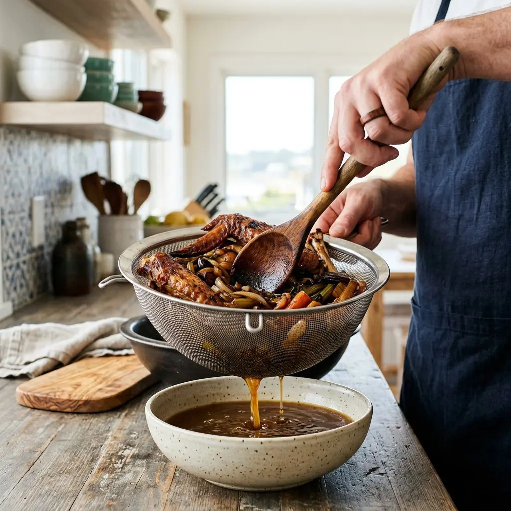 A cook's hand vigorously using a wooden spoon to press roasted, golden-brown turkey wings and caramelized vegetables into a wire mesh colander, extracting a rich, dark amber stock into a bowl below.