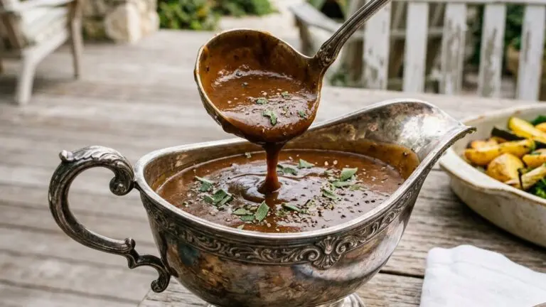 Stunning plated serving of Make-Ahead Gravy, a chef-tested recipe by Chef Jorj Morgan.