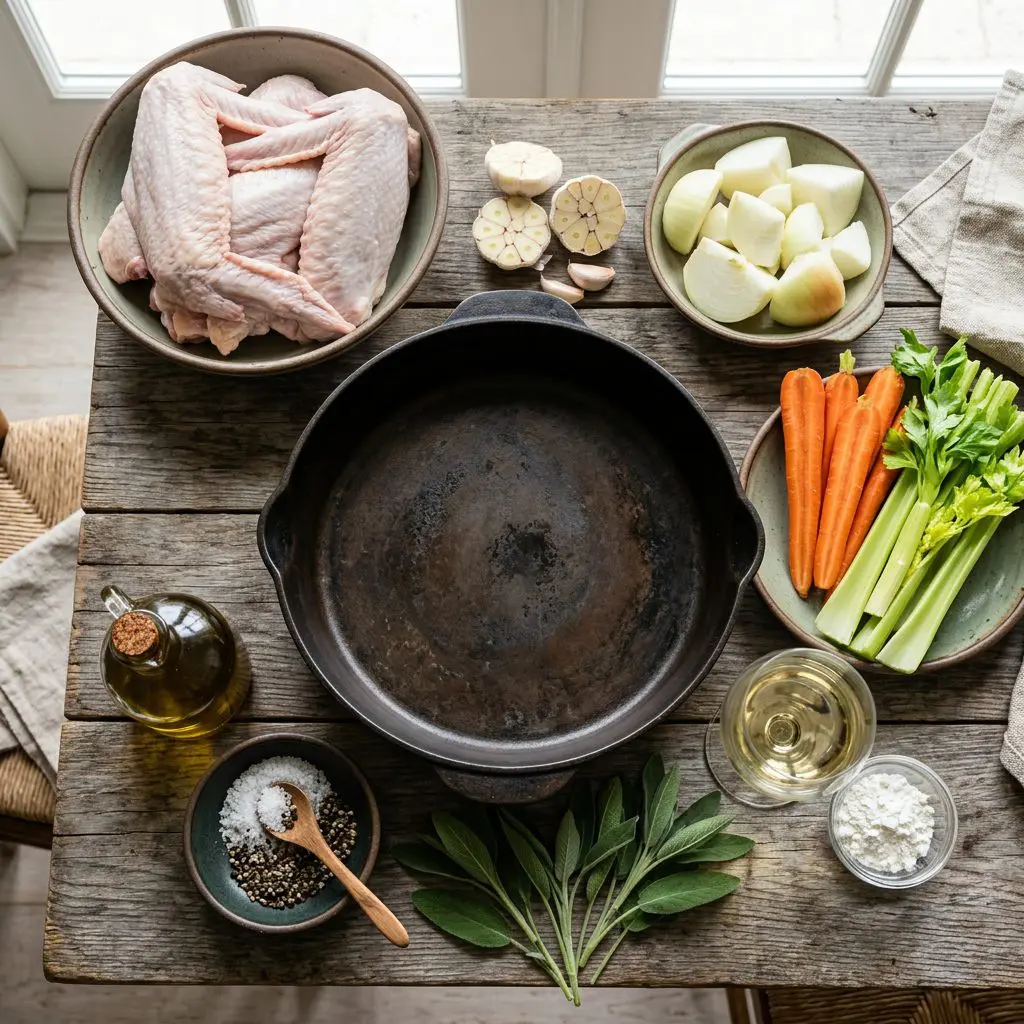 Ingredients arranged: massive raw turkey wings, heads of halved garlic, chunks of raw onion, carrots, celery, a glass of white wine, cornstarch, fresh sage leaves, kosher salt, black pepper, and olive oil around a heavy roasting pan.