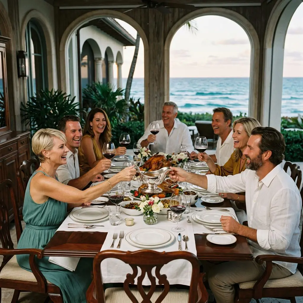 8 guests gathered around the table laughing, eating, and drinking Syrah in large glasses in a Palm Beach Estate dining patio with ocean views. A massive, beautiful silver gravy boat is being passed among the joyful guests, anchoring the abundant holiday feast.