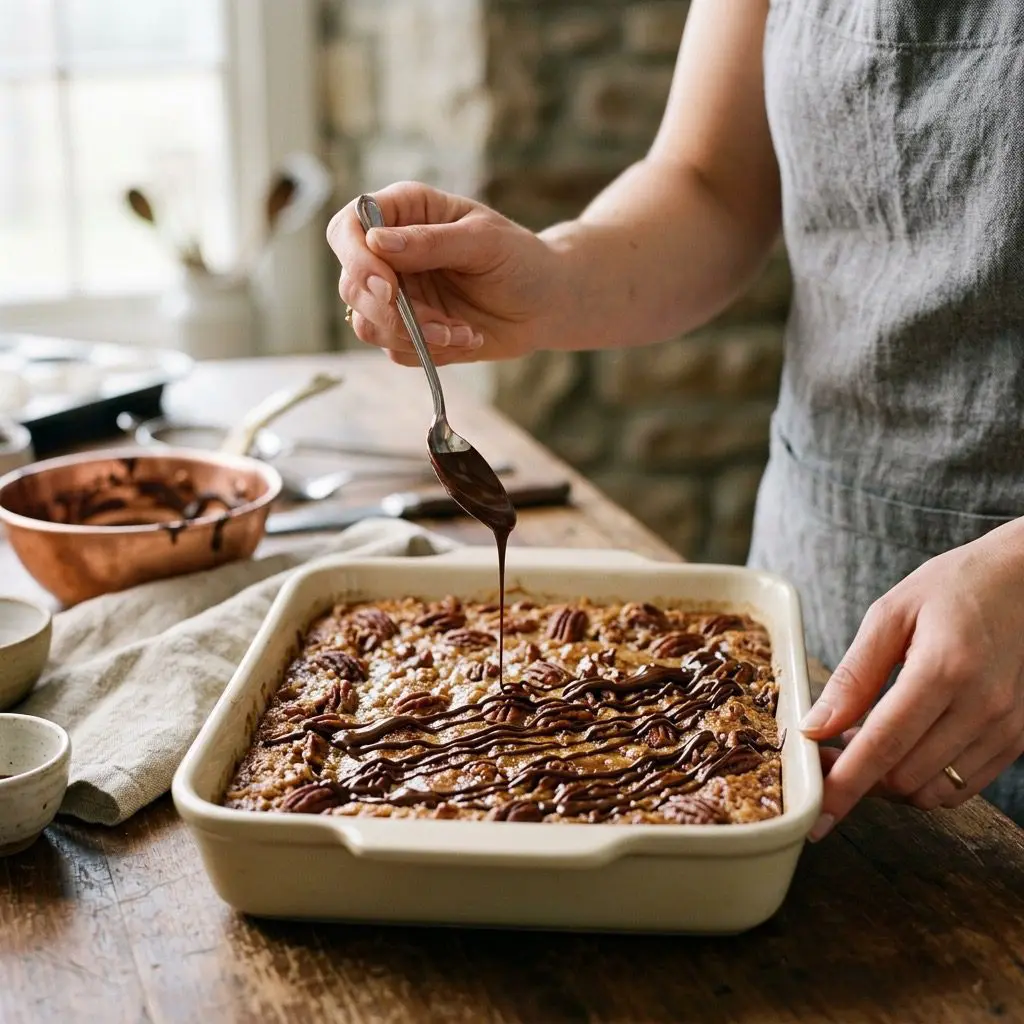 A cook's clean hands using a silver spoon to elegantly drizzle warm, glossy melted dark chocolate in delicate, artistic ribbons over a freshly baked rectangular tray of golden-brown maple pecan bars studded with toasted pecans.