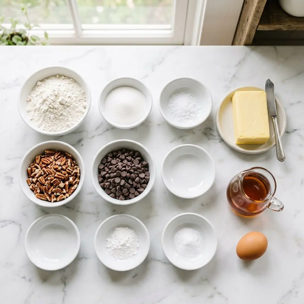 An overhead, neatly organized ingredients mise en place for maple pecan bars styled on a white marble countertop. Clean white ceramic bowls contain all-purpose flour, baking powder, baking soda, salt, granulated sugar, chopped pecans, and semisweet chocolate chips. A block of fresh yellow butter on a small ceramic dish next to a silver knife, a small glass pitcher of golden pure maple syrup, and a fresh brown egg are arranged alongside under soft morning window light.